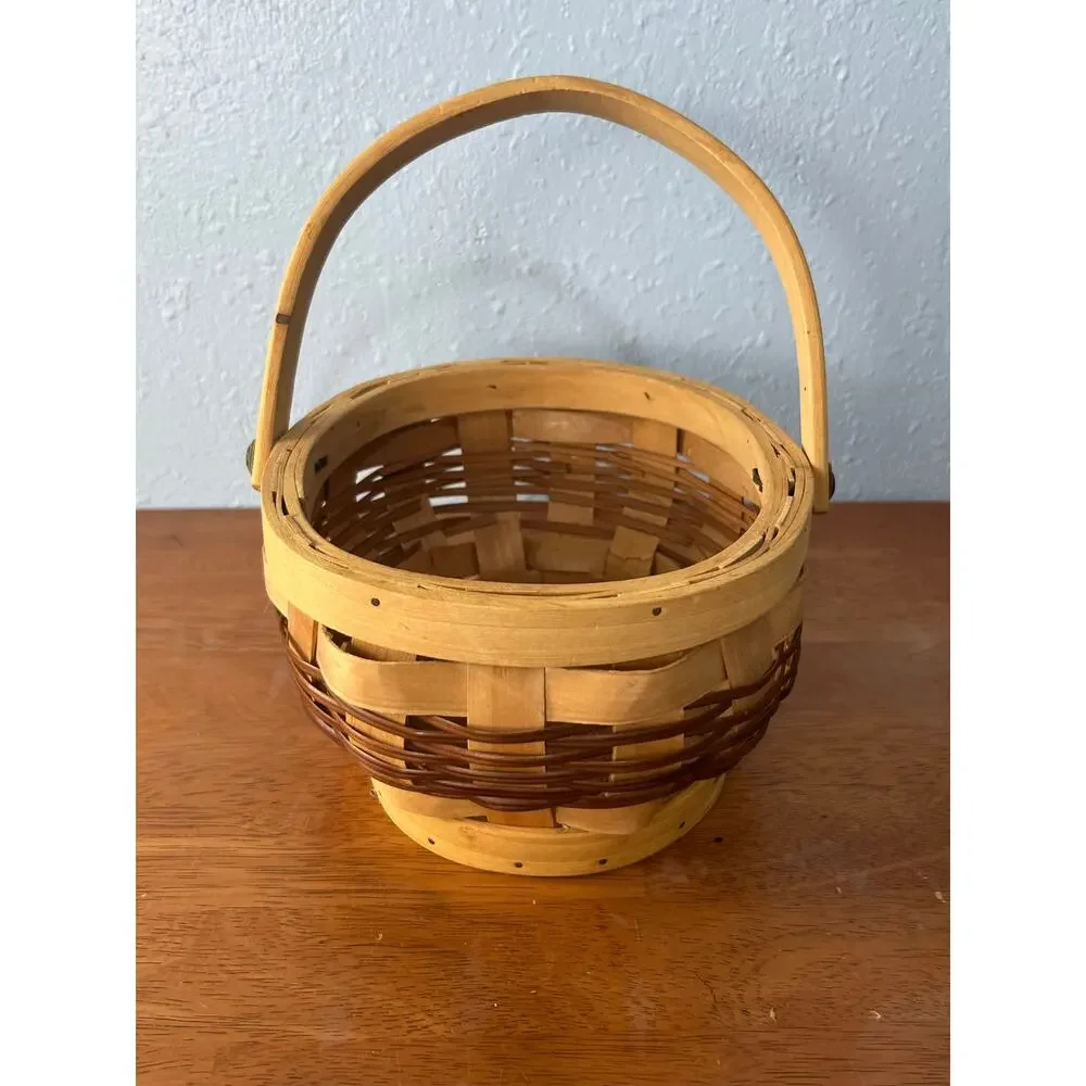 VTG Woven Wood Splint Basket Round Swing Handle Rustic Farmhouse Primitive